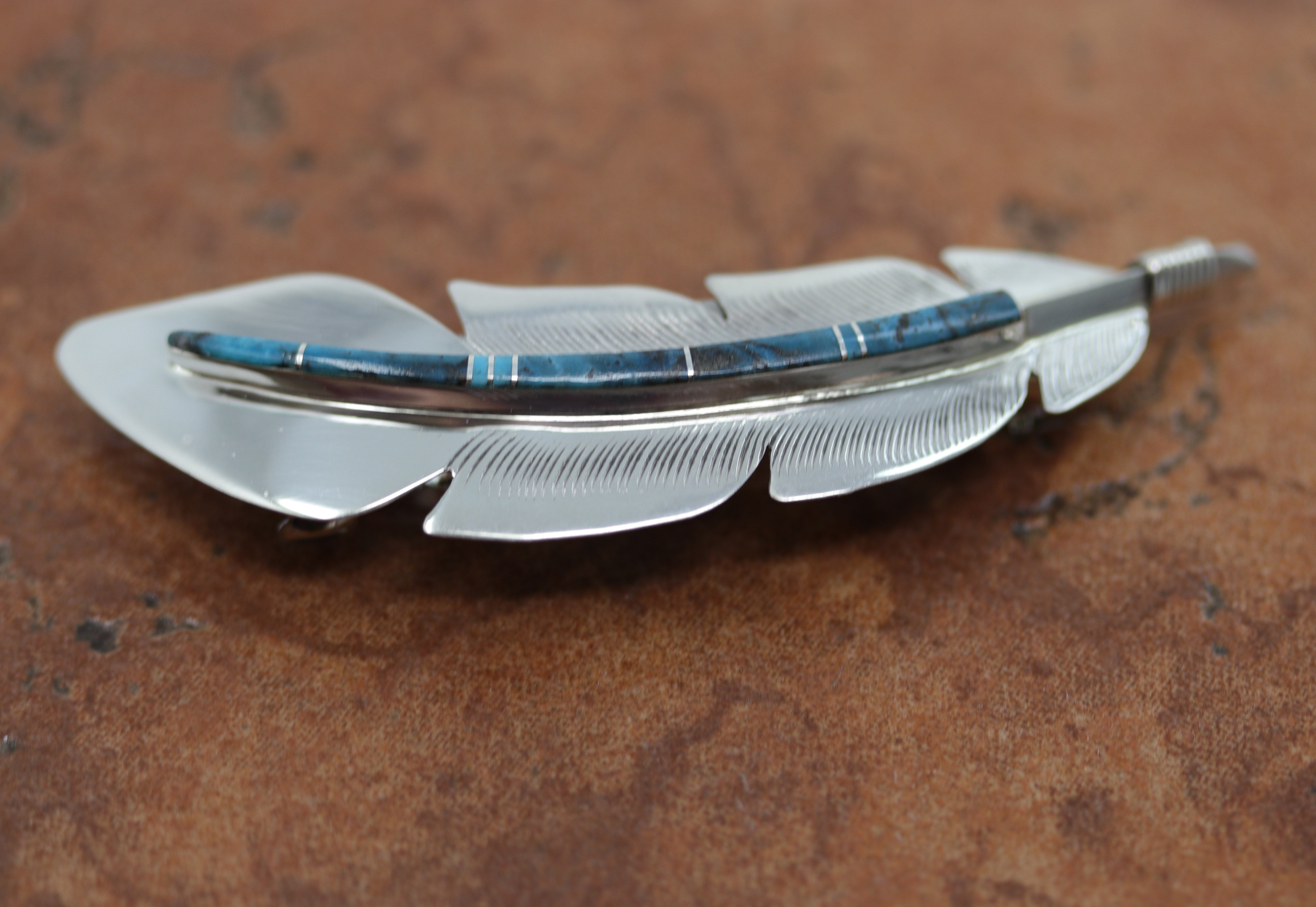 Lovely Navajo Native American Feather Barrette made from sterling silver and turquoise. It is 7/8" long, and about 3" wide.