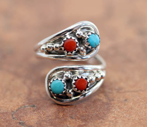 Navajo Silver Turquoise Coral Spoon Ring Size 6-9 – Jewelry Native